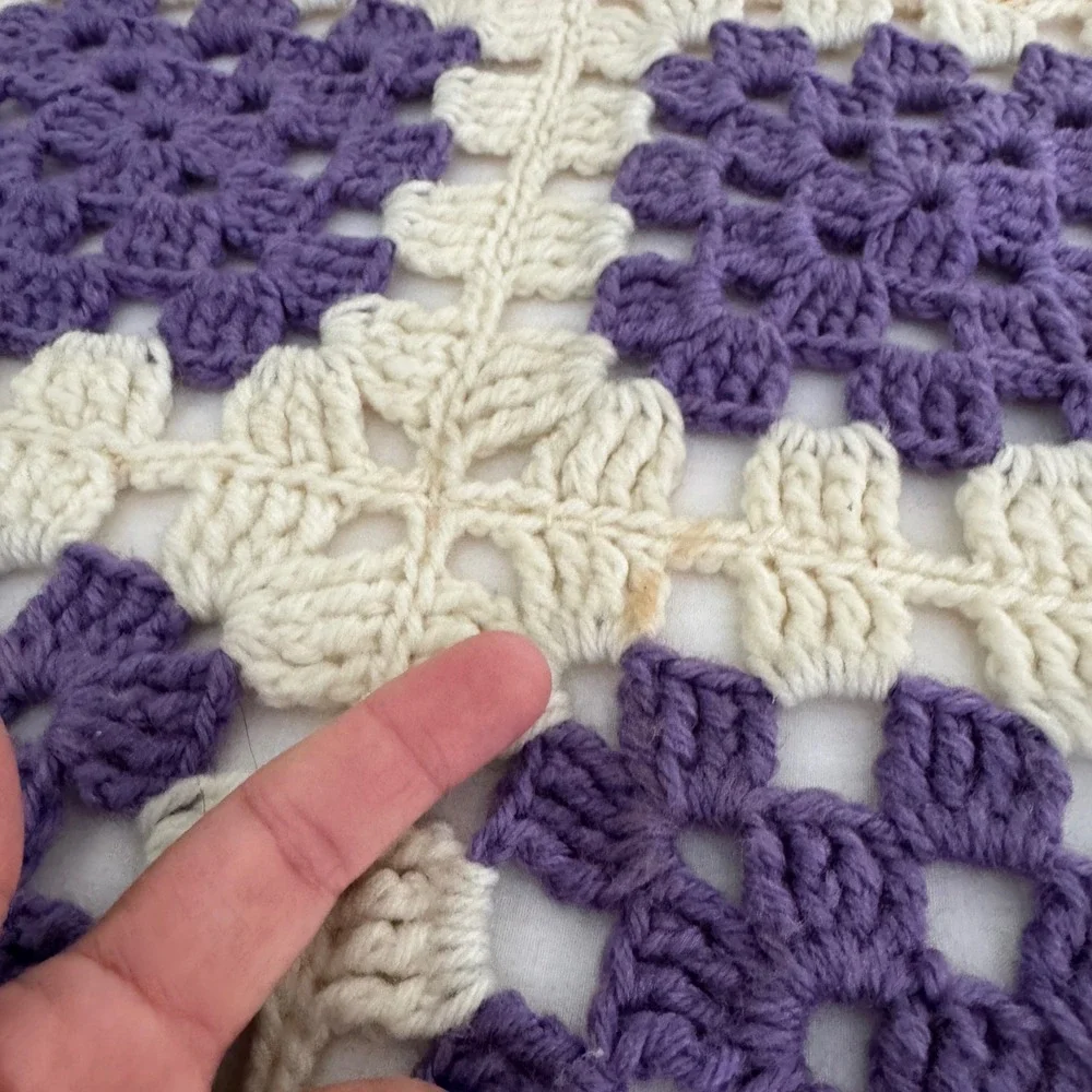Vintage Handmade Crochet Granny Square Blanket Purple Cream Tassel Fringe King